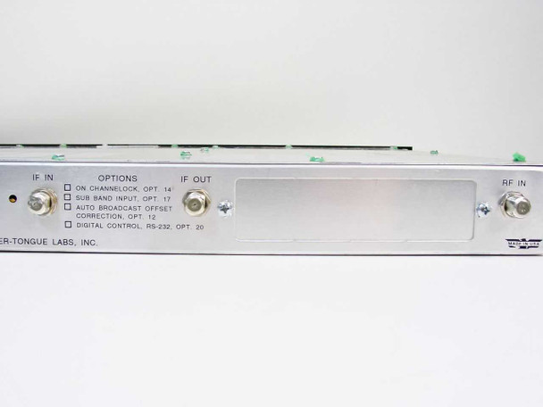 Blonder Tongue AP60-550 AP Series – rear panel showing IF IN, Options checkboxes (On Channel Lock, Sub Band Input, Auto Broadcast Offset Correction, Digital Control RS-232), IF OUT, and RF IN connectors