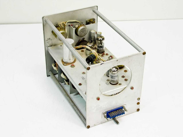 Tektronix Type 53B plug-in unit — rear and internal view showing vacuum tube complement, internal wiring and components, and Amphenol multi-pin edge connector at bottom rear