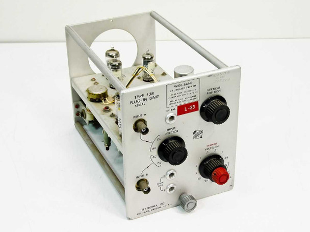 Tektronix Type 53B Wide-Band Calibrated Preamp plug-in unit — three-quarter front view showing Input A and Input B BNC connectors, Input Selector knob, Variable Volts/cm knob with red indicator, DC BAL control, Vertical Position knob, and front panel label with L-35 range indicator