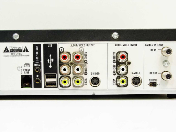 TiVo TCD24004A – close-up of rear connectors: USB ports, Serial, Phone/IR, composite and S-Video audio/video inputs and outputs, RF In/Out
