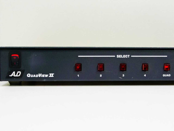 American Dynamics AD1473 QuadView II — close-up of SELECT section showing channel buttons 1, 2, 3, 4, and QUAD with power switch