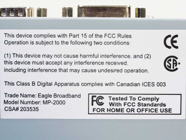 Eagle Broadband MP-2000 rear label showing Trade Name Eagle Broadband, Model MP-2000, CSA 203535, FCC and CE markings