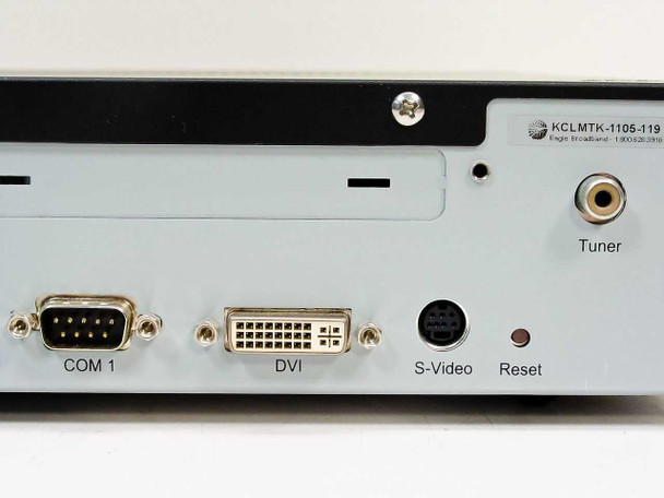 Eagle Broadband MP-2000 right rear panel showing COM 1 DB9, DVI, S-Video, Tuner F-connector, and Reset button