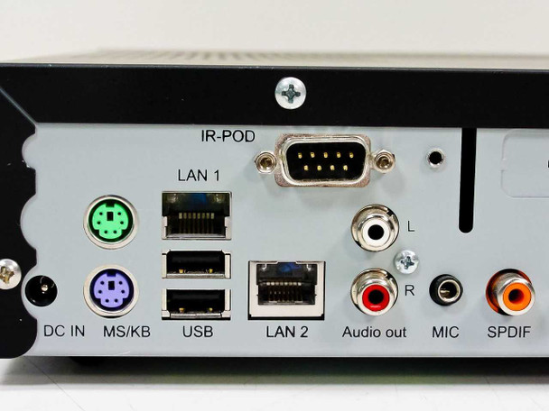 Eagle Broadband MP-2000 left rear panel showing DC IN, MS/KB PS2, USB ports, LAN 1, LAN 2, Audio out L/R, MIC, SPDIF, and IR-POD