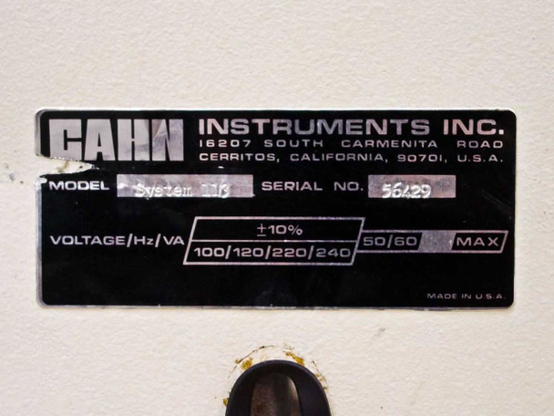 Cahn Instruments System 113 rating plate showing model name, serial number 56429, voltage 100/120/220/240V 50/60Hz, made in USA