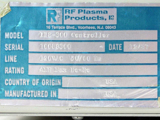 RF Plasma Products Inc. rating label showing Model LES-300 Controller, Serial 10089300, Date 12/87, Line 120VAC 50/60Hz, Rating 4mW Max He-Ne, Country of Origin USA, Manufactured in USA