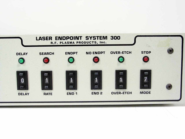 LES-300 front panel right-side close-up showing DELAY, SEARCH, ENDPT, NO ENDPT, OVER-ETCH, and STOP LED indicators with corresponding toggle switches labeled DELAY, RATE, END 1, END 2, OVER-ETCH, MODE