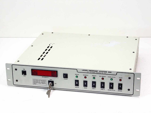 RF Plasma Products LES-300 Laser Endpoint System 300 Controller — front panel three-quarter view showing INTENSITY display, ON/OFF switch, LASER keyswitch, and process control toggle switches