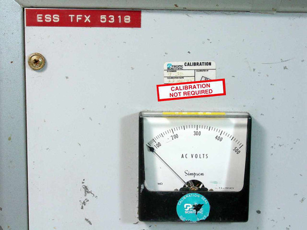 ESS TFX 5318 front panel close-up showing red ESS TFX 5318 label, Simpson 0-500 AC Volts panel meter, and Calibration Not Required sticker