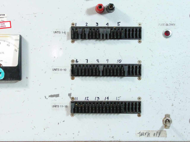 ESS TFX 5318 front panel terminal strips showing Units 1-5, Units 6-10, and Units 11-15 blocks with banana jacks and fuse blown indicator