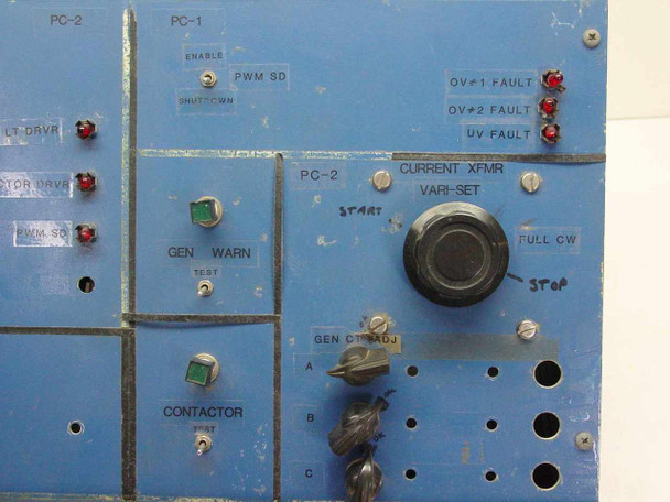 TFX-5297 front panel detail — PC-2 section with Current XFMR Vari-Set knob, Gen Warn test button, Contactor switch, OV1/OV2/UV Fault indicator LEDs