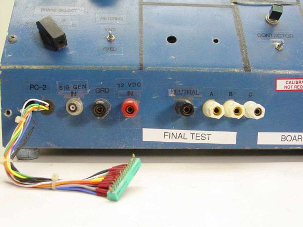 TFX-5297 lower panel detail — SIG GEN IN, GRD, 12VDC N test points, Neutral/A/B/C banana jacks, Final Test and Board Level label strips, with wiring harness