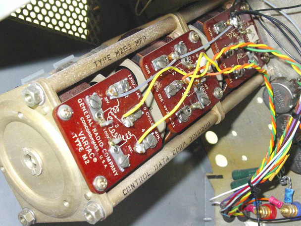Interior view of the General Radio Company Variac Type M2 (Type M253 MFR) autotransformer core with red terminal board, tap connections, and Control Data Corporation label