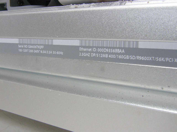 Apple Power Mac G5 A1047 bottom label — showing serial number, power rating 100-120V/200-240V 6.5A/3.5A 50-60Hz, Ethernet ID, and 2.5GHz DP configuration string
