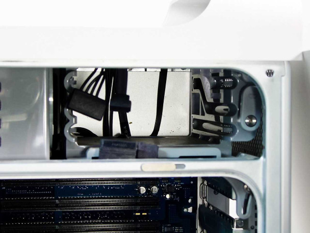 Apple Power Mac G5 A1047 interior — upper chassis area showing power supply, cabling, and cooling infrastructure