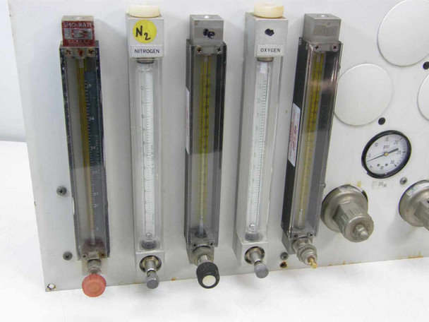 Front view of Thermco SK15788-001 showing four rotameter flow tubes — two labeled Nitrogen and two labeled Oxygen — with needle valves at base of each tube