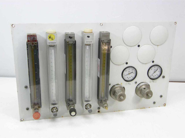 Thermco SK15788-001 3-loop gas flow controller front panel showing four rotameter tubes labeled Nitrogen and Oxygen with two 0-30 PSI dial gauges and two regulator fittings