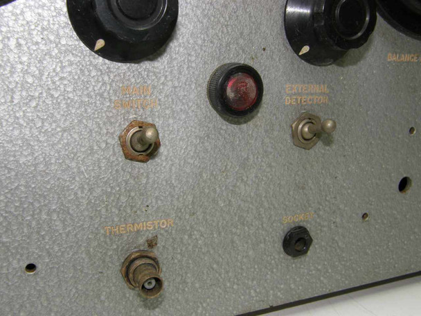 Ericsson Thermistor Bridge Type 4 – lower front panel detail showing MAIN SWITCH, EXTERNAL DETECTOR, THERMISTOR, and SOCKET labeled toggle switches and BNC-style connectors