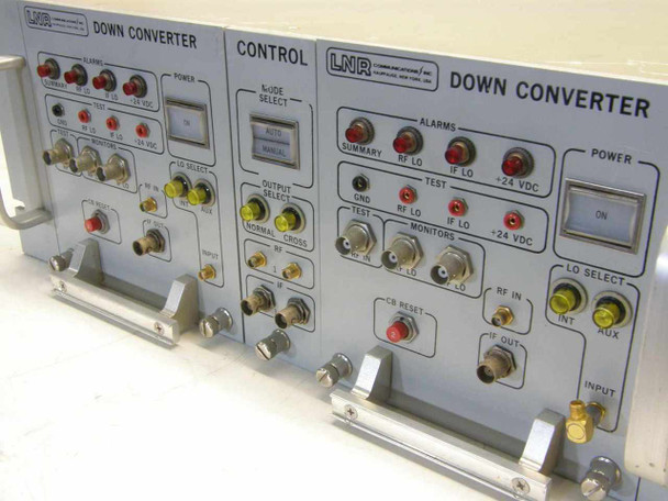 LNR DC4-D1 Down Converter front panel close-up showing alarm LEDs, RF LO and IF LO monitor points, +24VDC indicators, LO SELECT switch (INT/AUX), RF IN and IF OUT connectors, and POWER switch