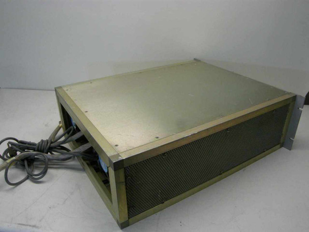 LNR DC4-D1 Down Converter 4U aluminum rackmount chassis rear/top view showing ventilation mesh, cooling fans, and power cabling