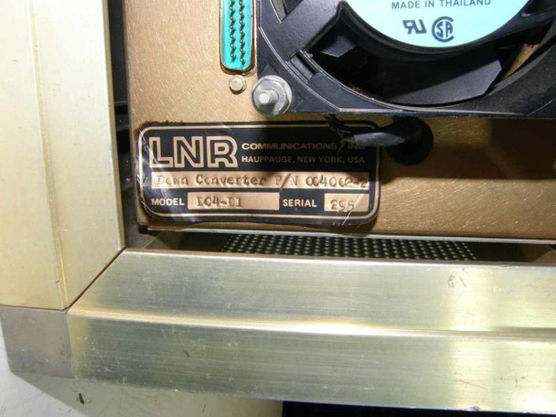 LNR Communications DC4-D1 Down Converter rear label showing model DC4-D1, chassis part number 004002-2, and serial number 895