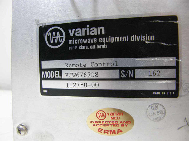 Varian VJW6767D8 rear label — Varian Microwave Equipment Division, Model VJW6767D8, S/N 162, Part 112780-00, Made in USA, Varian MED Inspected and Accepted by ERMA