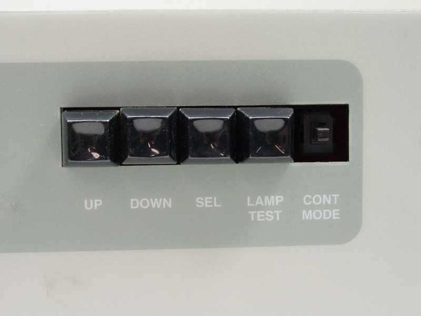 Varian VJW1454R1 front panel button array showing UP, DOWN, SEL, LAMP TEST, and CONT MODE controls — one button missing