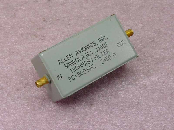 Allen Avionics Highpass Filter 300 kHz 50 Ohm — angled front view showing label with IN SMA connector and specs