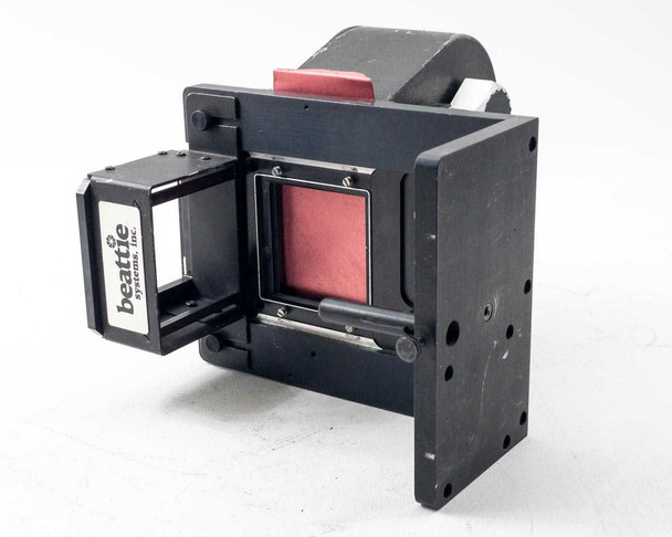 Beattie Systems D-67-S Converter 67 – front three-quarter view with film cover open showing pink ground glass screen and Beattie Systems Inc. label