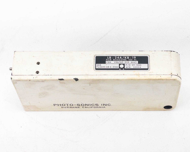 Photo-Sonics LB-24A KB-19 film magazine shell — top label plate showing LB-24A/KB-19 designation, Film Magazine 100 Ft, FSN VH6760-018-4443, P/N 59-1000, MFR 02024