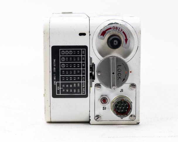 Photo-Sonics KB-19A camera – end panel detail showing frame rate / lens stop setting chart, LOCK control, J1 and S1 military circular connectors