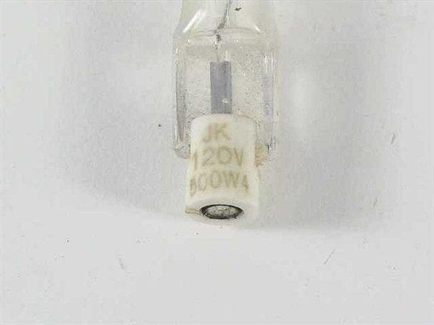 Close-up of quartz lamp base end cap marked JK, 120V, 500W