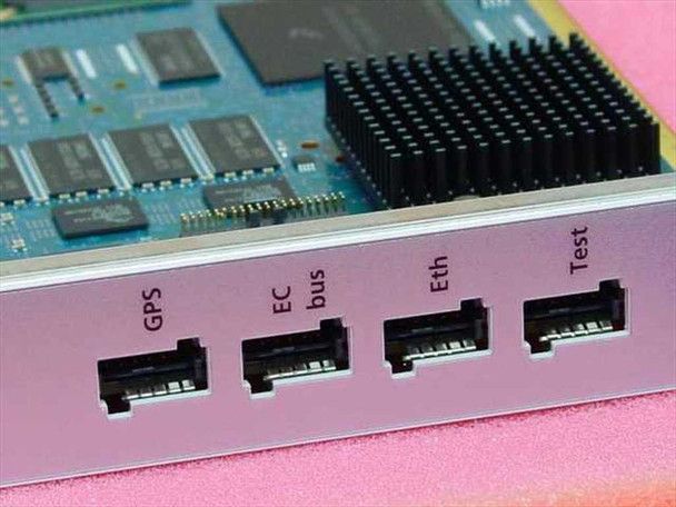 Ericsson CBU1 front panel right section showing GPS, EC bus, Eth, and Test port headers with aluminum faceplate detail