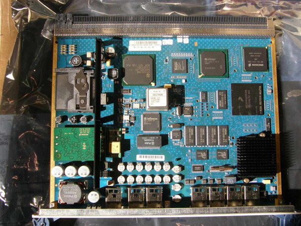 Ericsson CBU1 full PCB top view out of packaging showing Infineon, Intel, and Vectron ICs, multiple memory chips, and front-panel connector area