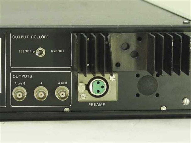 Ithaco Dynatrac 3 rear panel — Output Rolloff switch (6 dB/oct, 12 dB/oct), A cos Ø / A / A sin Ø BNC outputs, and 5-pin DIN Preamp connector