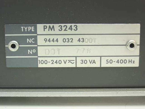 Philips PM3243 oscilloscope – rear label showing Type PM3243, NC 9444 032 43001, 100-240V, 30 VA, 50-400Hz