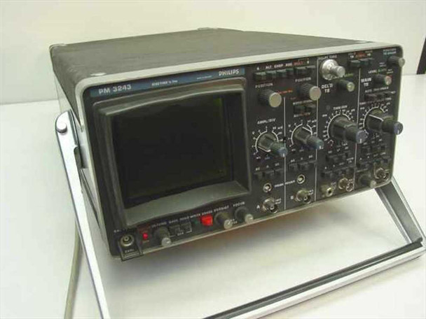 Philips PM3243 10 MHz dual-beam storage oscilloscope – front-left angle view showing CRT display and control panel