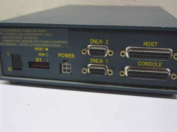 Intermec 9180C01 – rear panel close-up showing RESET button, RUN indicator, S1 switch, 4-pin power connector, and four DB25 ports