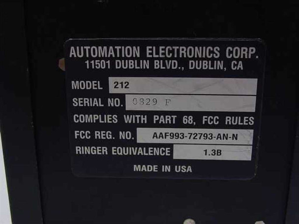 AEC Model 212 bottom label showing Automation Electronics Corp, Dublin CA, Serial No. 0829 F, FCC Part 68 compliance, FCC Reg No. AAF993-72793-AN-N, Ringer Equivalence 1.3B, Made in USA