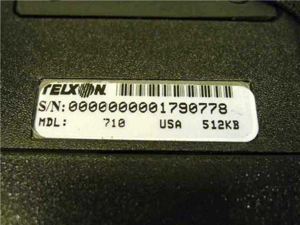 Telxon PTC-710 rear label showing serial number, model 710, USA manufacture, and 512KB memory designation