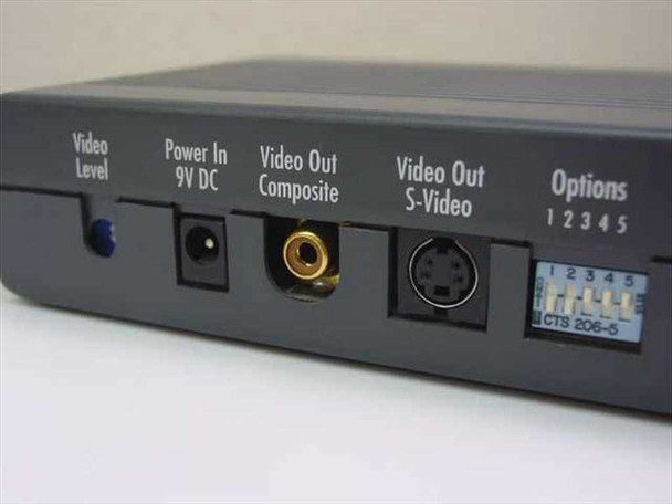Focus Enhancements L-TV Portable Pro left side panel — Video Level slider, 9V DC power jack, composite RCA out, S-Video out, and Options DIP switches