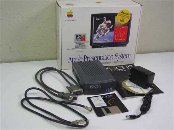 Focus Enhancements M2895LL/A Apple Presentation System full kit — unit, DB15 cable, floppy disk, CD, power adapter, manual, and original Apple box
