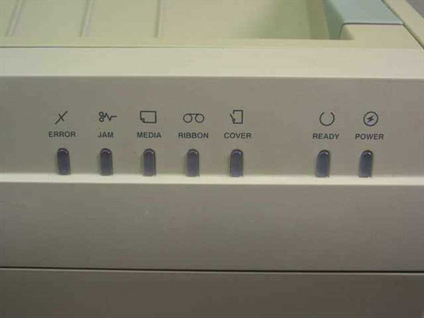 Tektronix Phaser 440 front control panel close-up showing Error, Jam, Media, Ribbon, Cover, Ready, and Power indicator buttons