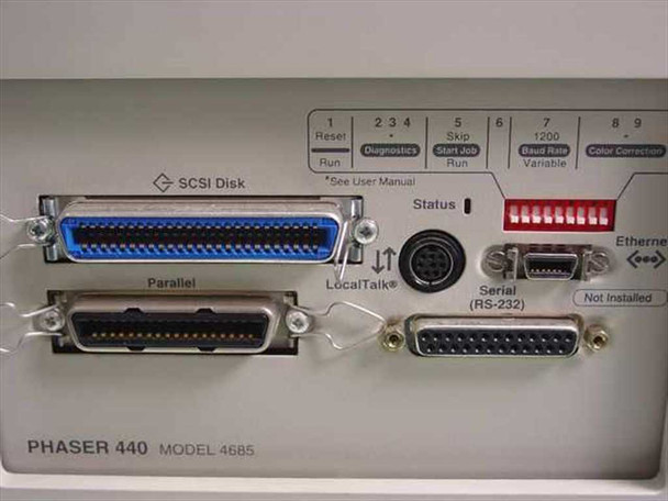 Tektronix Phaser 440 rear interface panel showing SCSI Disk port, Parallel port, LocalTalk, Serial RS-232, DIP switches, status indicators, and Ethernet slot (not installed); model 4685 marked on panel