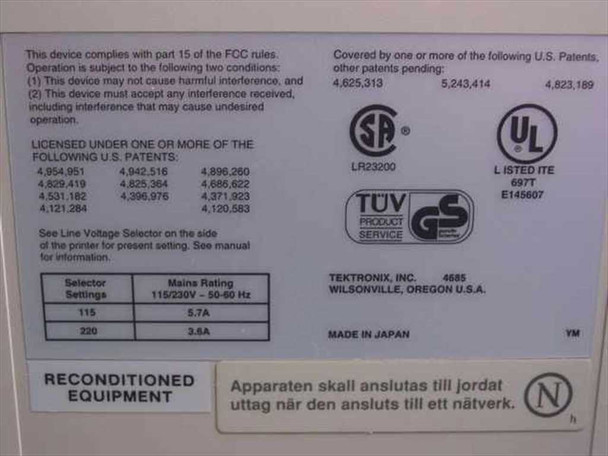 Tektronix Phaser 440 4685 rear label showing power ratings (115V/5.7A, 220V/3.5A), UL, TUV GS, and FCC compliance markings, Wilsonville Oregon USA, Made in Japan, Reconditioned Equipment notice