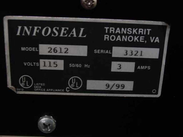 Infoseal 2612 serial plate showing Model 2612, Serial 3321, 115V 50/60 Hz 3 Amps, UL Listed Office Appliance, date 9/99, manufactured by Transkrit Roanoke VA