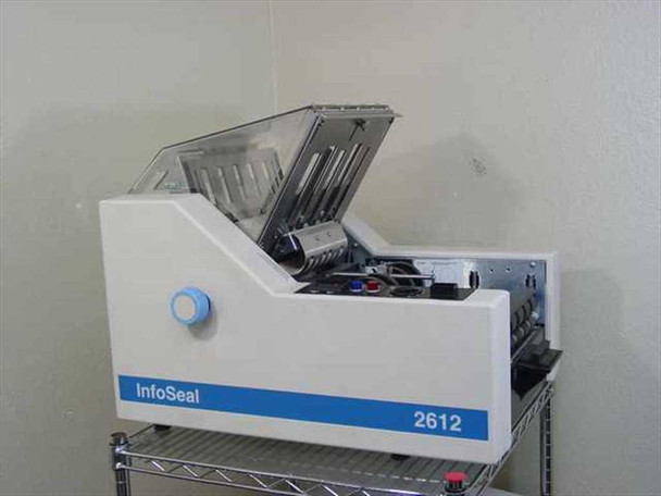 Infoseal 2612 tabletop folder sealer right-side view with top cover open showing internal mechanisms on wire shelf