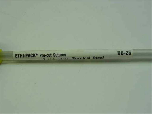 Ethicon DS-25 Ethi-Pack Pre-cut Sutures label showing Surgical Steel designation on white plastic tube