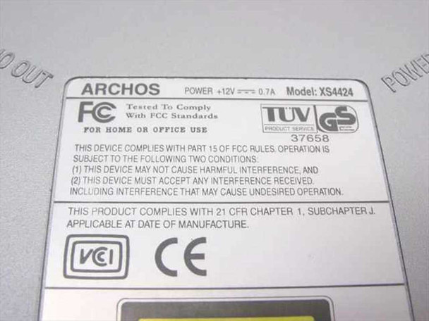 Archos XS4424 bottom label showing model number, FCC, TUV GS, VCCI, CE certifications and +12V 0.7A power rating