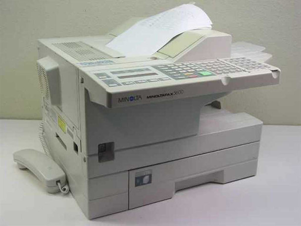 Minolta MinoltaFax 5600 plain paper fax machine front-left view with handset and paper loaded in ADF